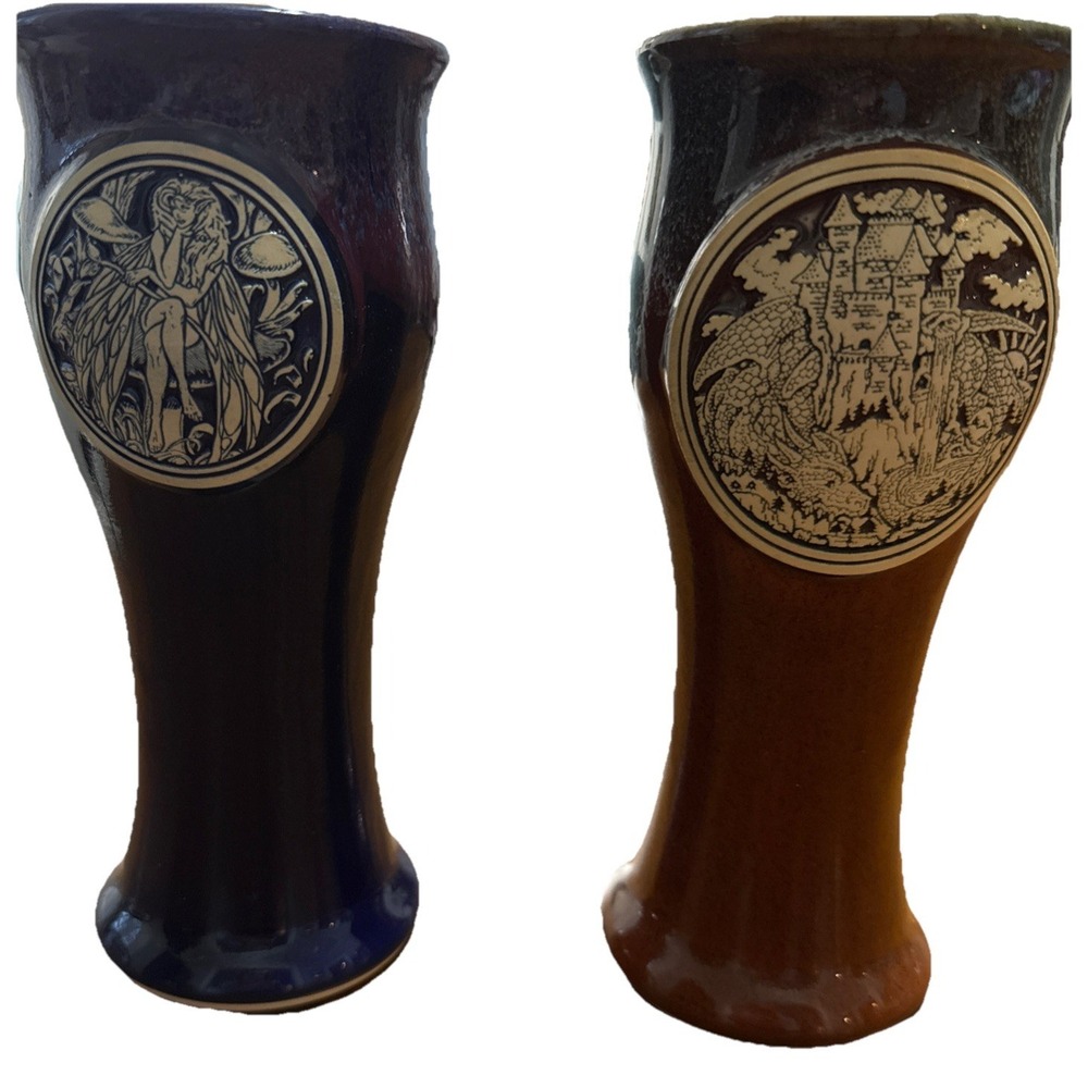 Lot Of 2 Drip Glaze Pottery Renaissance Faire Goblets Fairy Dragons Castle Tall